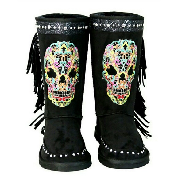 Montana West Shoes - ⚫BLACK & PINK SKULL SUEDE BOOTS⚫